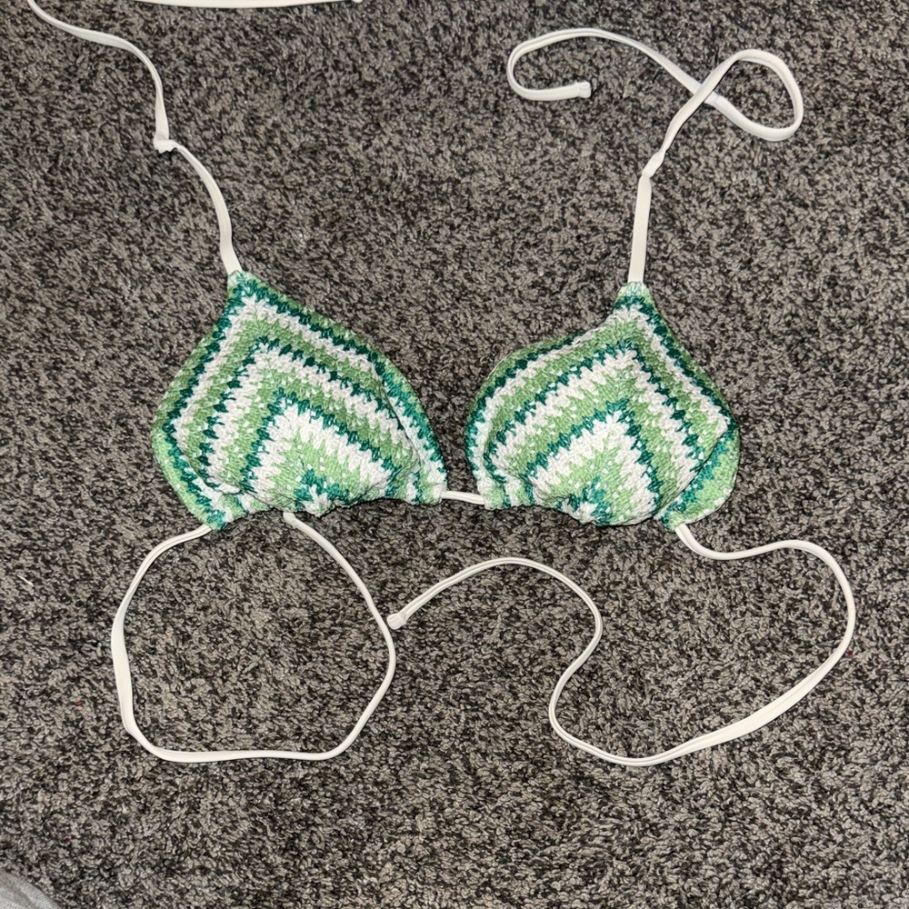 White and Green Crochet Bikini Top